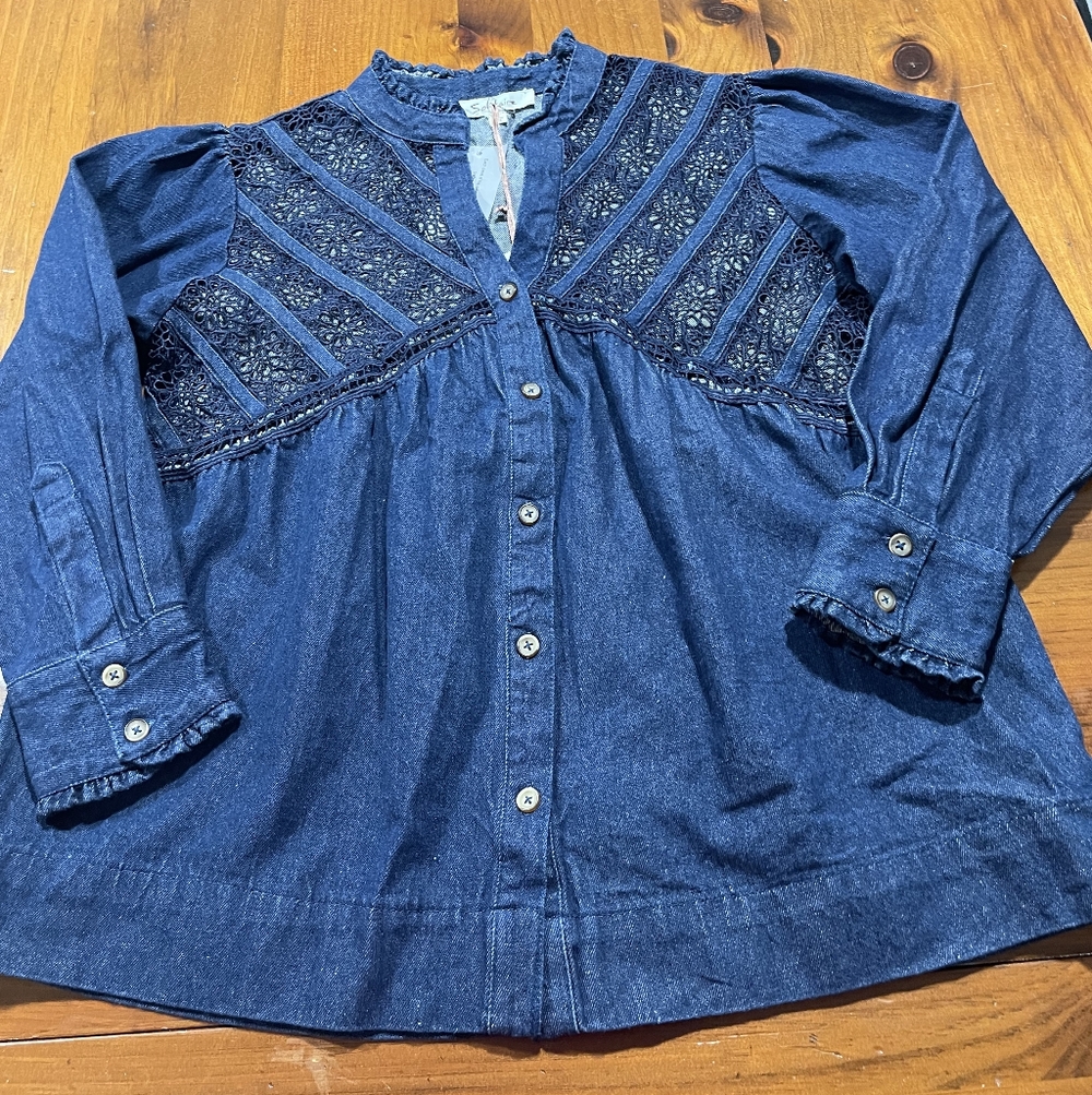 NWT Solitaire Womens Hand Made Embroidered Denim Ruffle Trim Long‎ Sleeve Blouse